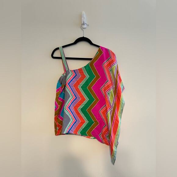 Alice & Trixie Silk One Shoulder Chevron Neon handkerchief blouse size medium - Picture 2 of 6